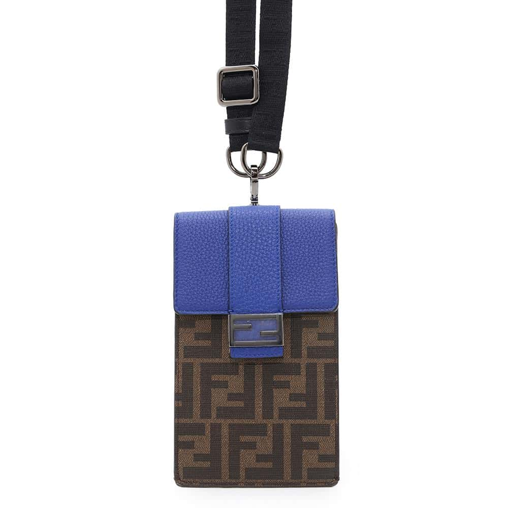 FENDI Zucca Phone Holder Blue/Brown7AS120 Leather PVC Coated Canvas