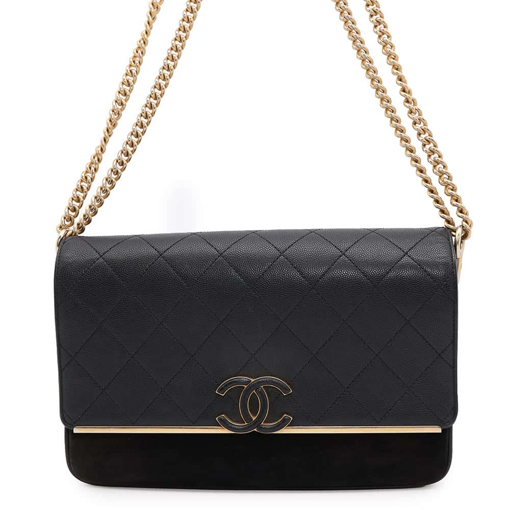 CHANEL Matelasse CC Logo ChainShoulder Bag Black Caviar Leather Suede