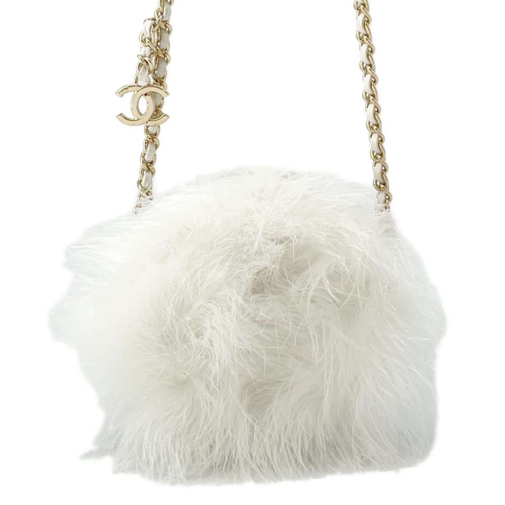 CHANEL Round Chain Shoulder Bag White Fur Lambskin