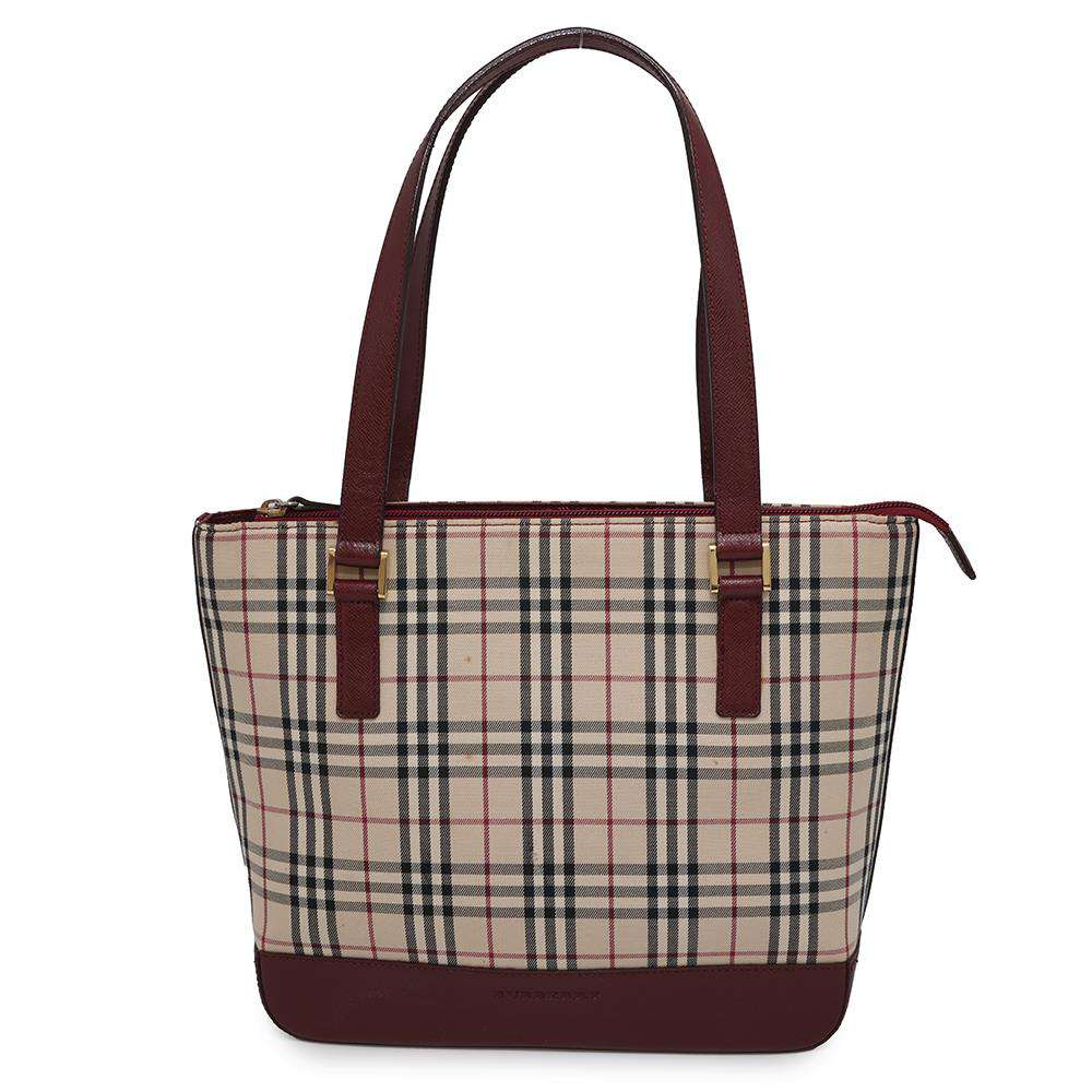 BURBERRY Nova Check Handbag Beige/Bordeaux Canvas Leather