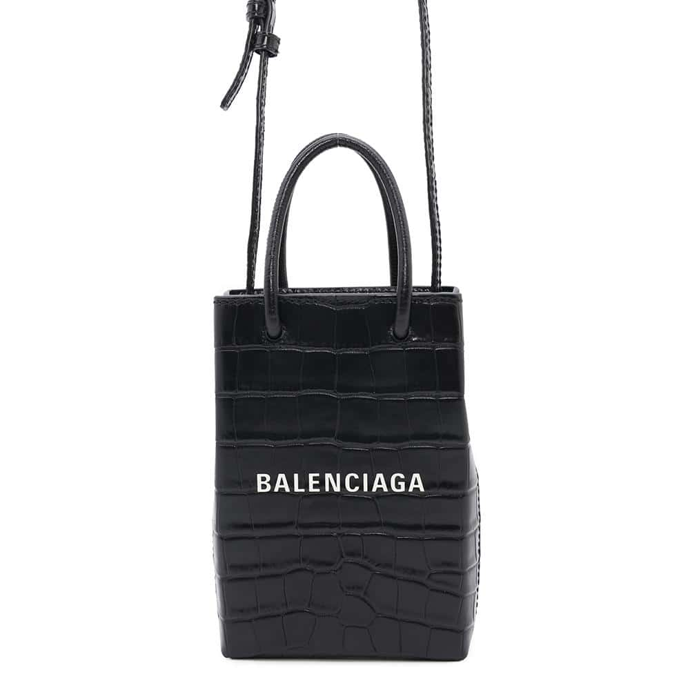 BALENCIAGA shopping phone holder Black593826 Croco embossed leather