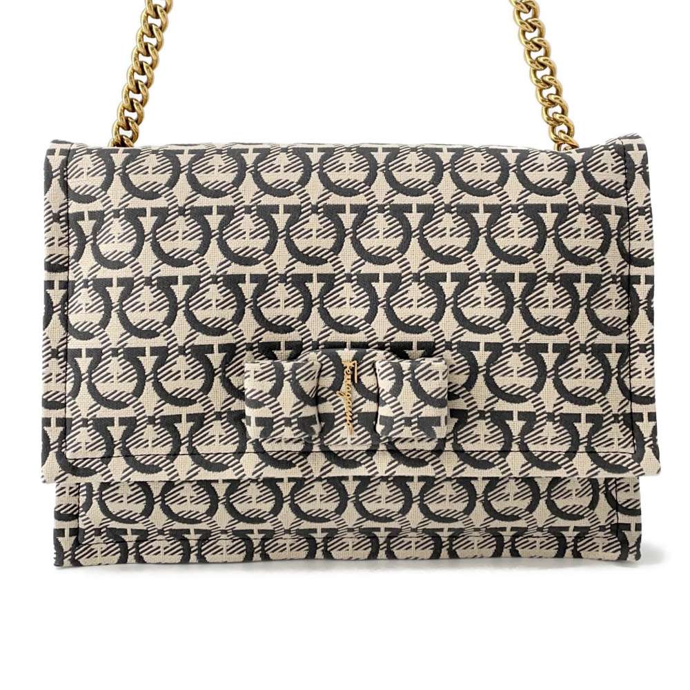 Ferragamo VIVA BOW GanciniPattern Vara Ribbon ChainShoulder Beige/Gray Canvas