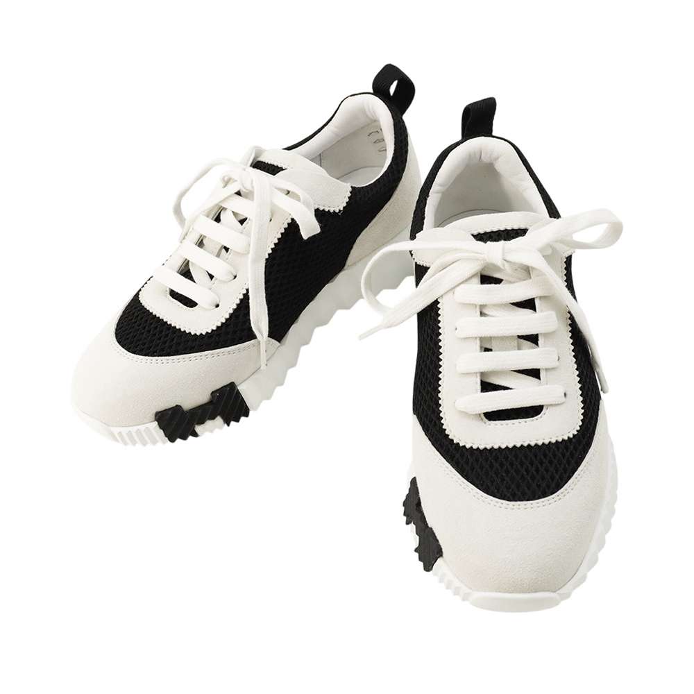 HERMES Bounce Sneakers White/Black Leather Suede Mesh Size 36