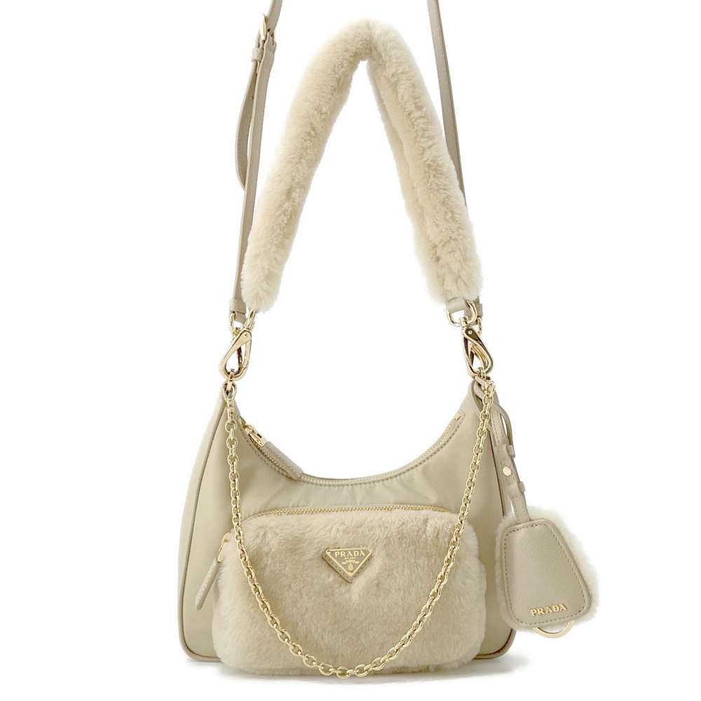 PRADA Re-Nylon Shearling Mini Bag Sand Beige1BC198 Shearling Nylon Leather