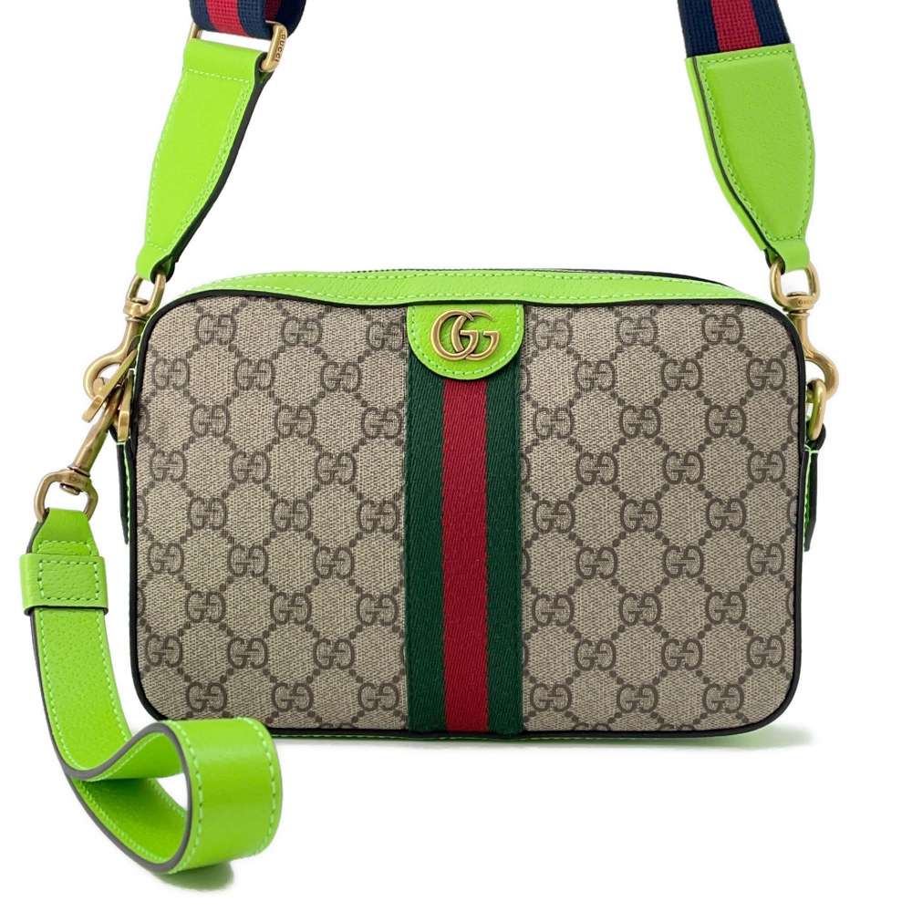 GUCCI Ophidia Small Cross Body Bag Beige/Green699439 Leather GG SupremeCanvas