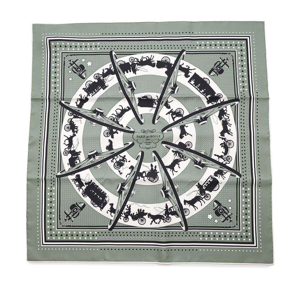 HERMES Silk Bandana Paris Qui Roule Bandana Paris on Wheels Bandana Size 55 Vert Soji/Black/White Silk100%