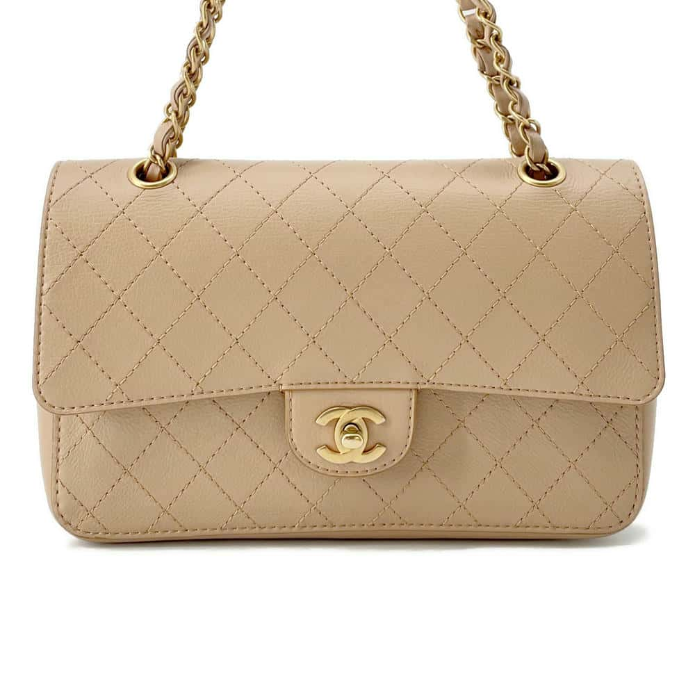 CHANEL Matelasse W-Flap W-Chain Shoulder Bag BeigeA01112 Leather