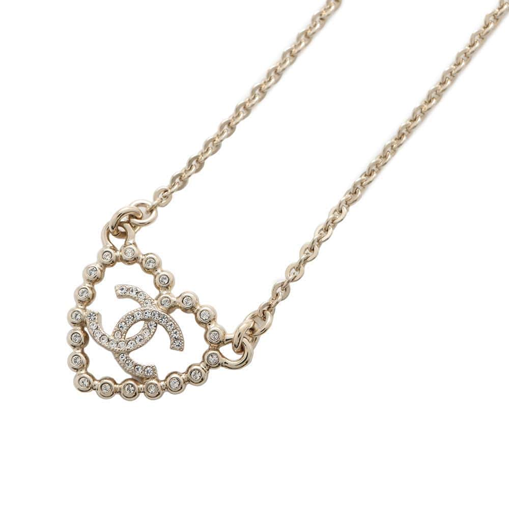 CHANEL Heart/CC Logo Necklace Metal Rhinestone