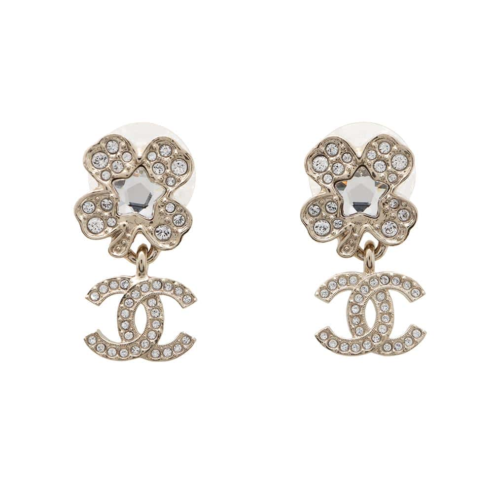 CHANEL Clover Earrings Champagne GoldABF239 Metal Rhinestone