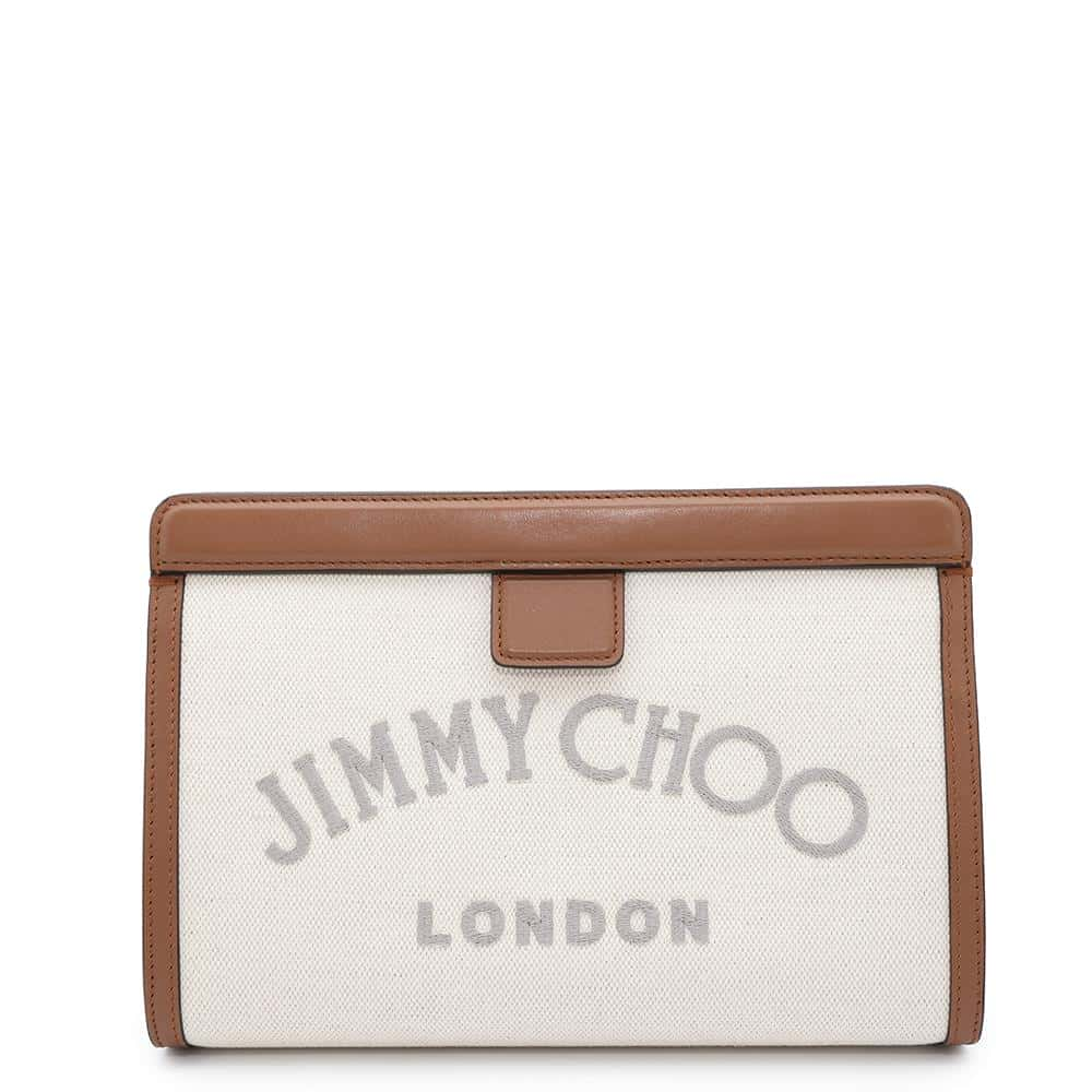 JIMMY CHOO VARENNE POUCH Natural/Brown Canvas Leather