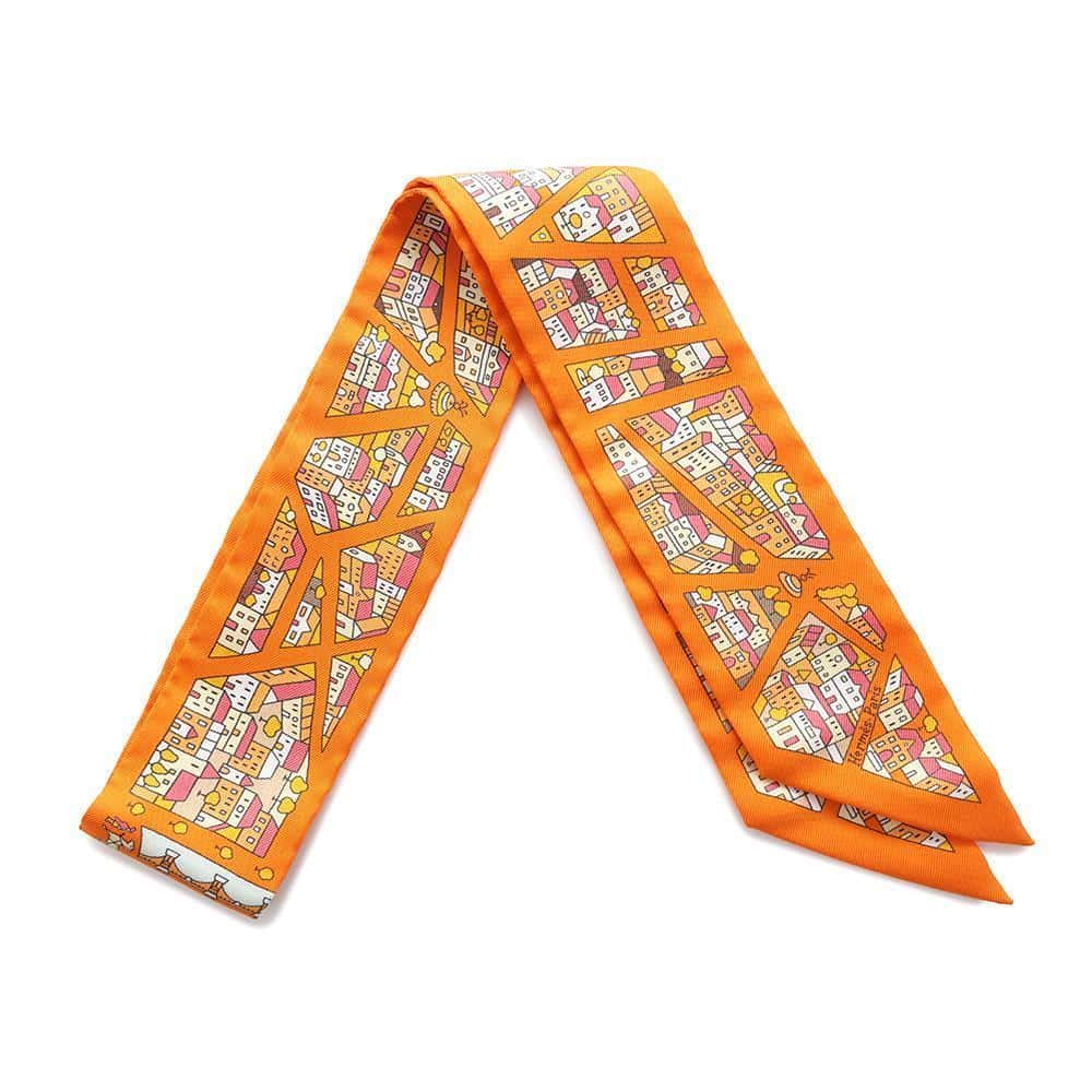 HERMES Twilly Rive Droite Rive Gauche Right and Left Banks Orange/Multicolor Silk100%