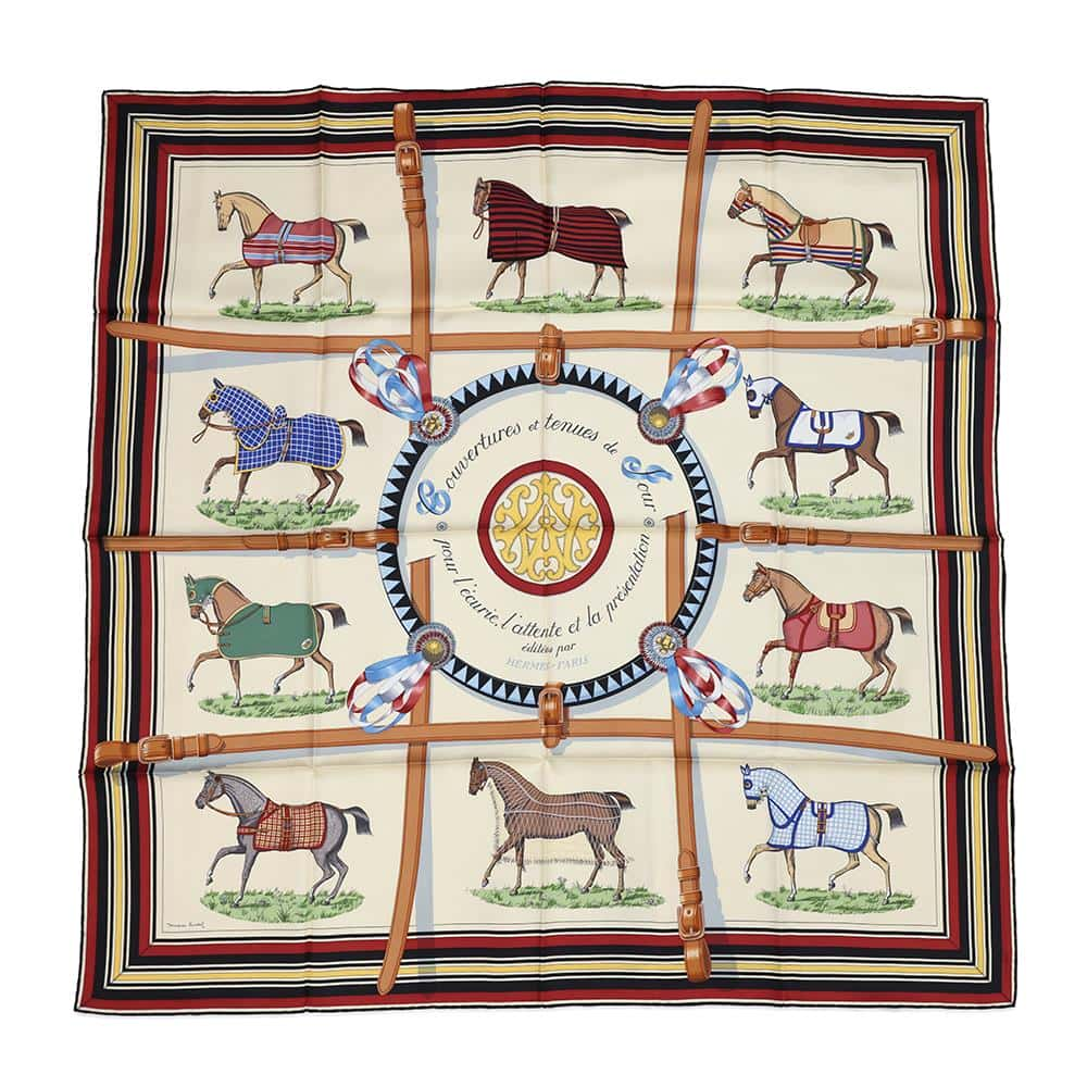 HERMES Scarf Carre Couvertures et tenues de Jour Size 90 Creme/Rouge H/Blue/MulticolorH001356S Silk 100%