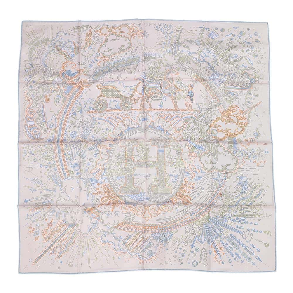 HERMES Scarf Carre Please Hold the Line Size 90 Rose・Pearl/Blue・Ciel/OrangeH004187S Silk100%