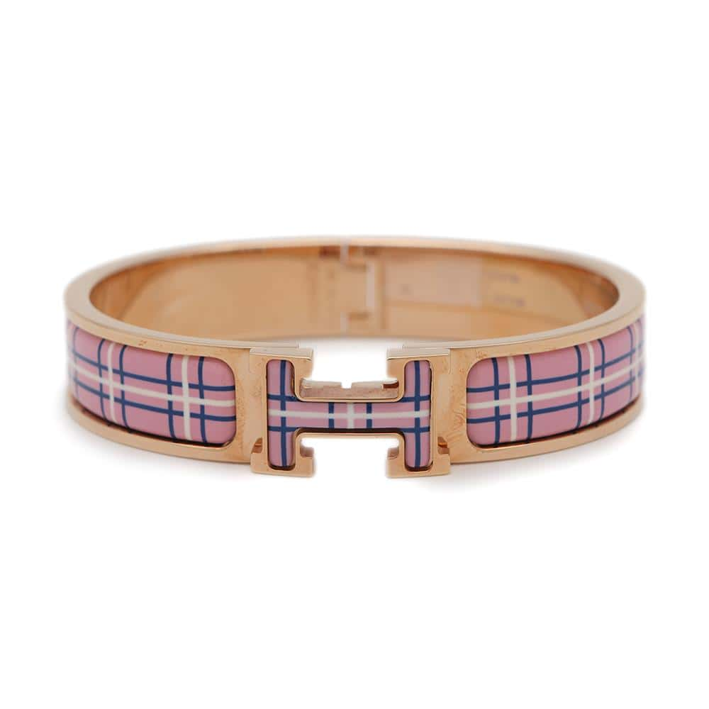 HERMES Clic Crack PM Tattersall Check Pink Pink Gold Plated