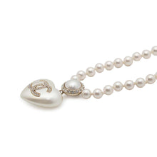 Load image into Gallery viewer, CHANEL CC Logo Heart Necklace WhiteAB7012 Metal Rhinestone Faux Pearl
