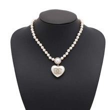 Load image into Gallery viewer, CHANEL CC Logo Heart Necklace WhiteAB7012 Metal Rhinestone Faux Pearl
