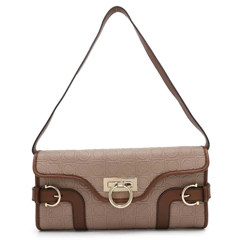 Ferragamo Gancini Shoulder Bag Jasmin Flower/Brown Leather