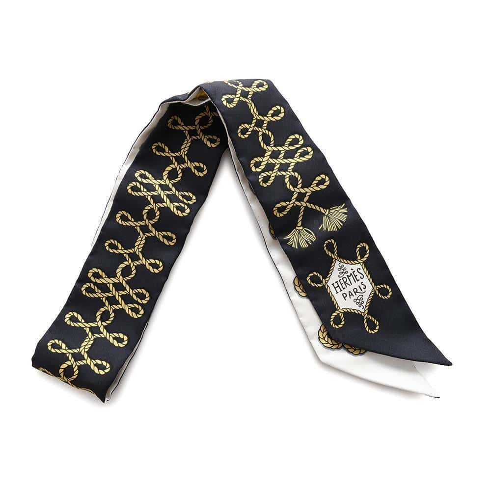 HERMES Twilly and Brandebourg ornaments Galons and Brandebourgs Black/White/Gold Silk100%