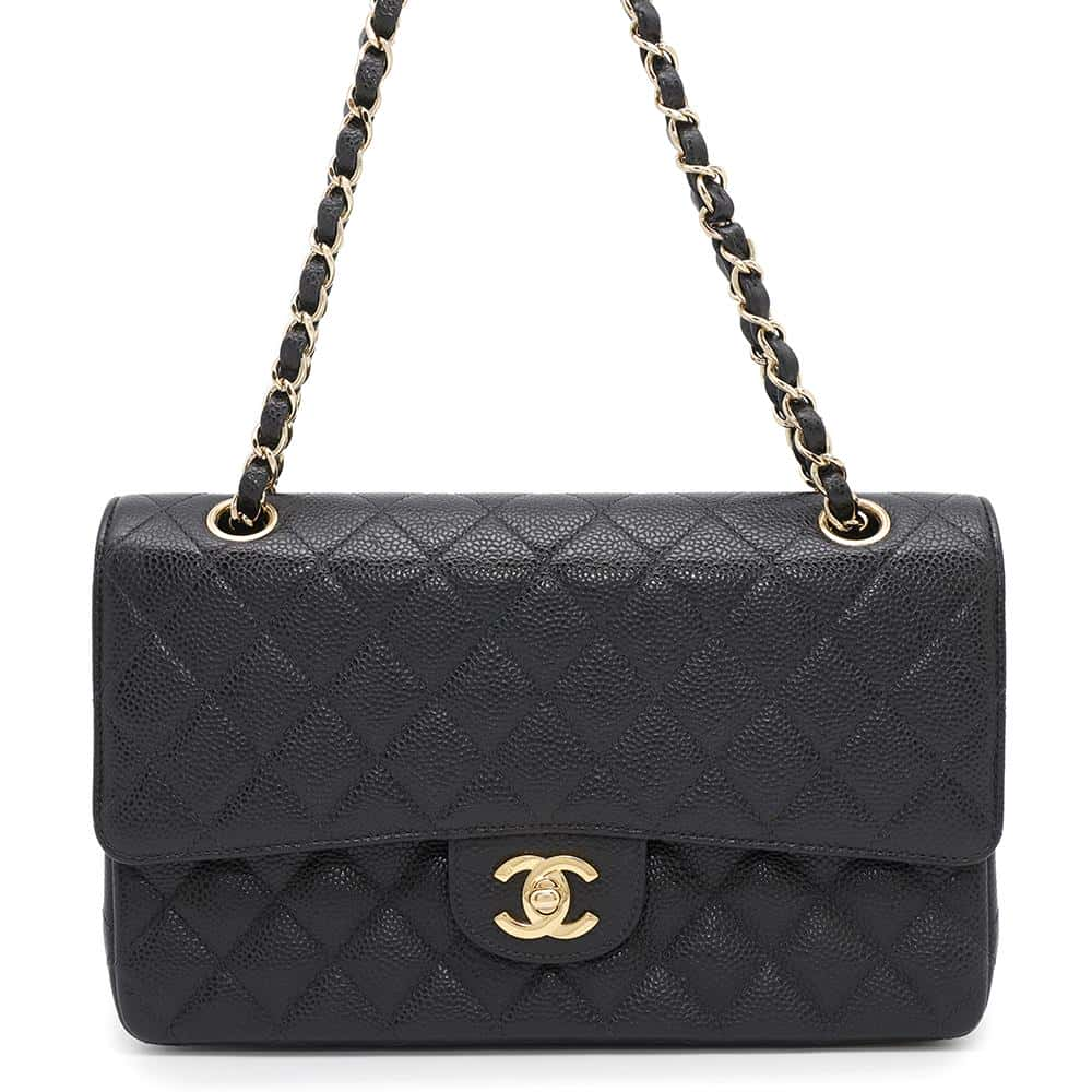 CHANEL Matelasse WChainShoulder Bag BlackA01112 Caviar Leather Size 25