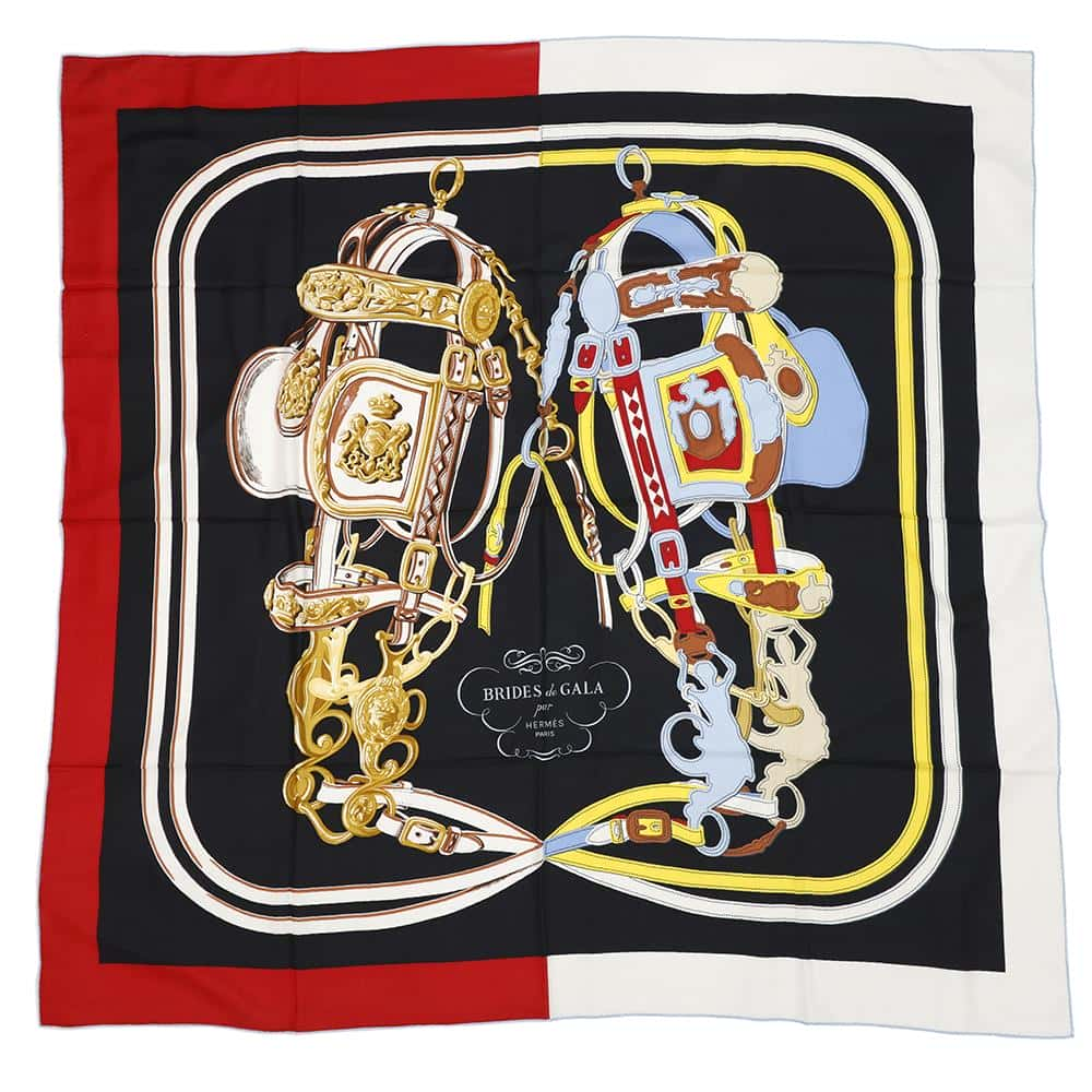 HERMES Giant Square Brides de Gala Ceremonial Bridle Size 140 Rouge/Black/Blue Ciel Cashmere70% Silk30%