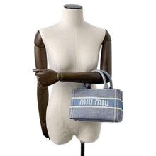 将图像加载到图库查看器中，MIUMIU Logo 2WAY Handbag Light Blue/White5BA253 Canvas Leather
