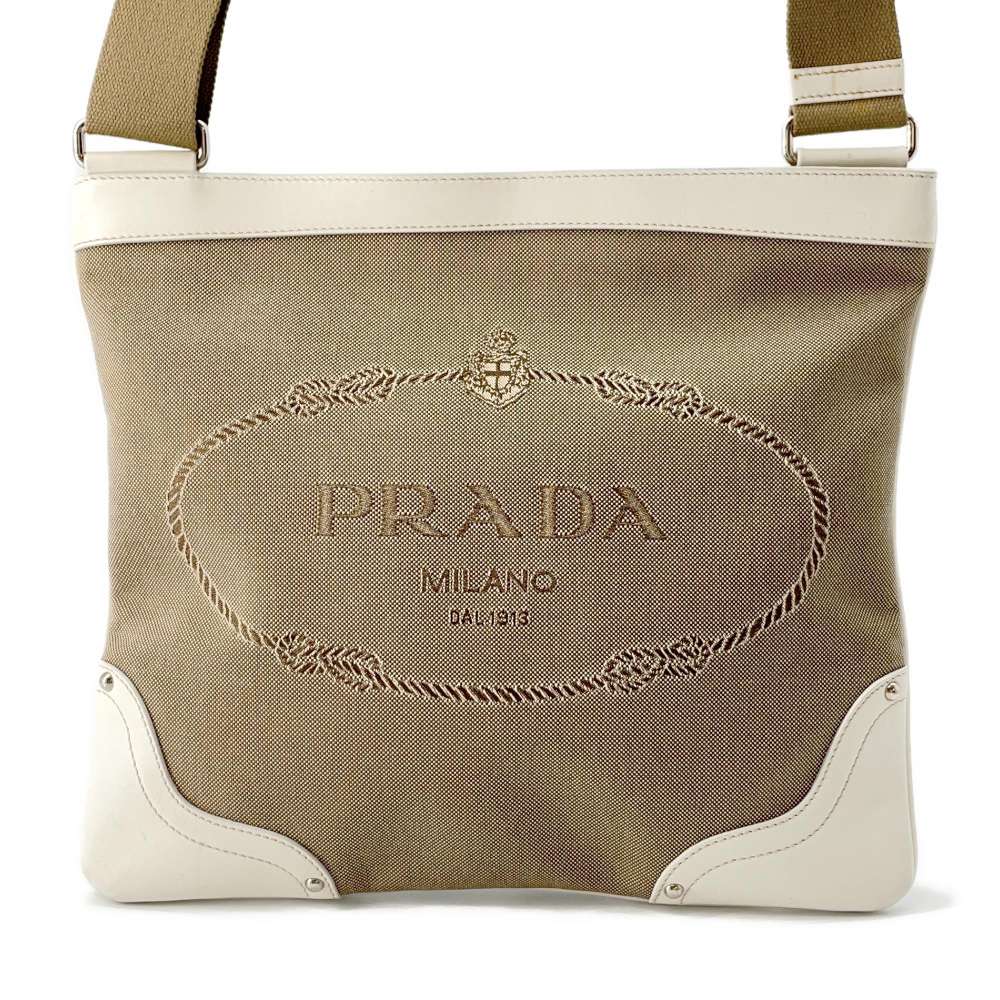 PRADA Logo Shoulder Bag White/BeigeBT0536 Canvas Leather