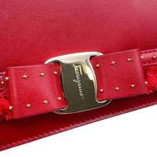 Load image into Gallery viewer, Ferragamo Vara Ribbon Fringe ChainShoulder Bag Red Leather
