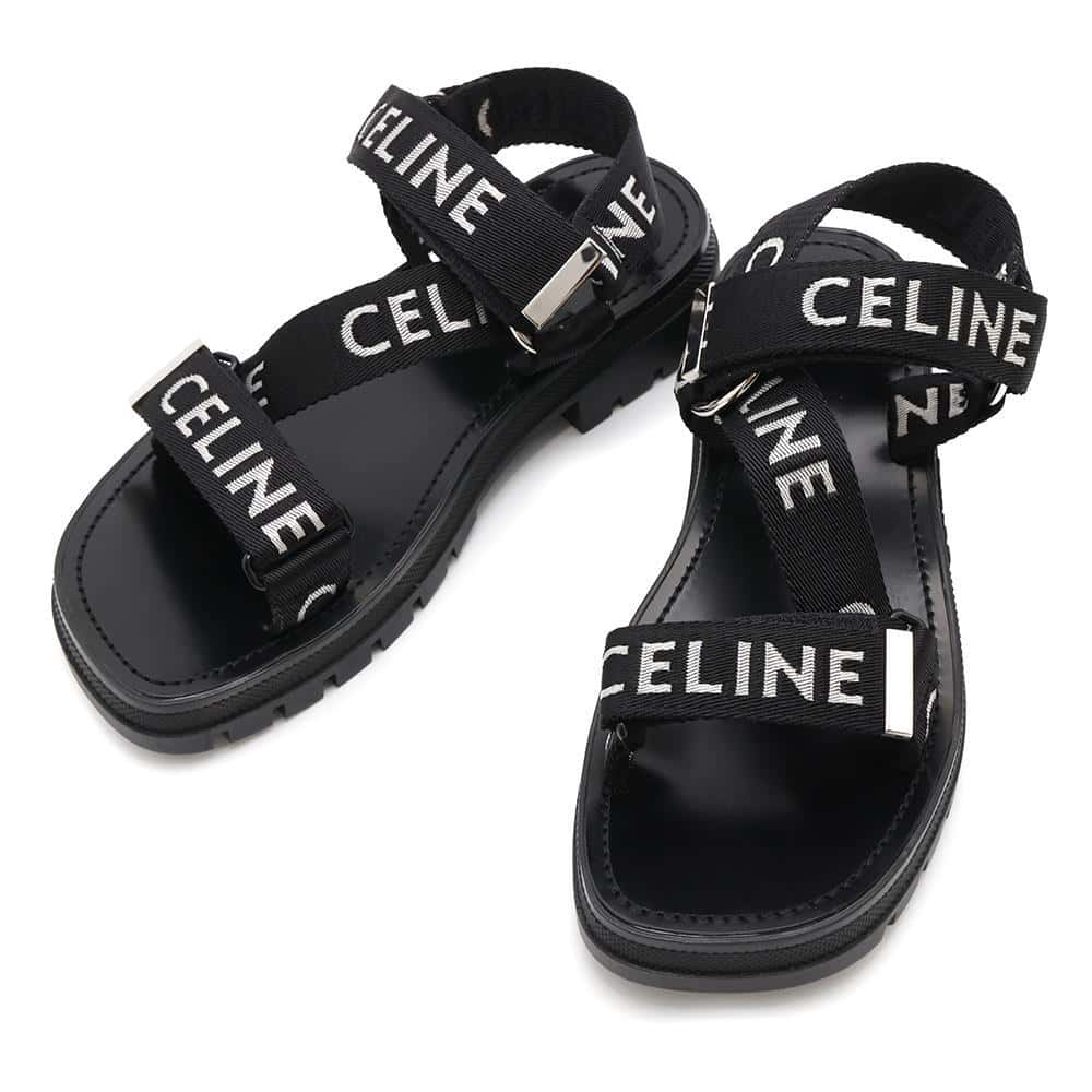 CELINE Leo Strappy Sandals Black346742208C Canvas Leather Rubber Size 41