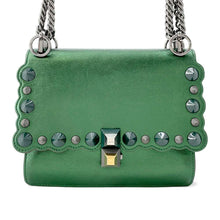 将图像加载到图库查看器中，FENDI Canai Metallic Shoulder Bag Green8M0381 Leather Ruthenium Size Small
