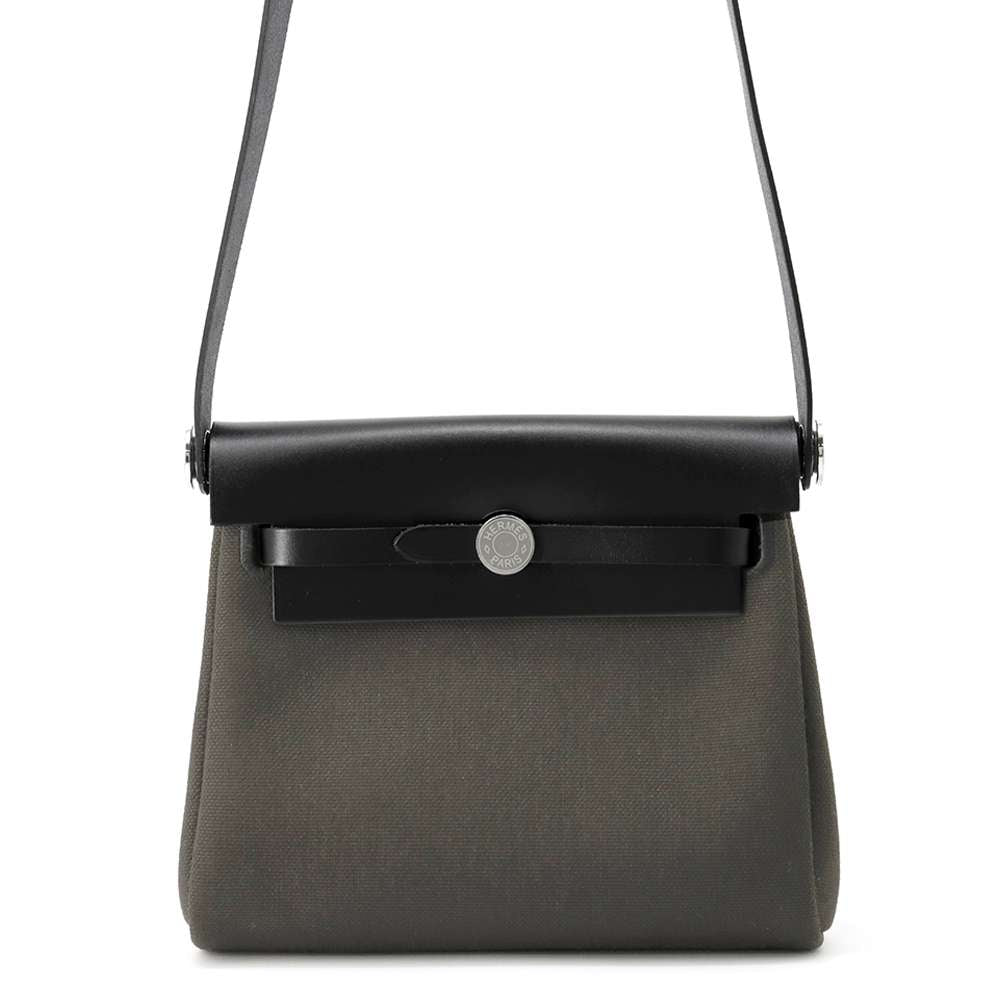 HERMES Herbag Zip Vert de Gris/Black Toile Military Vache Hunter Leather Size Mini