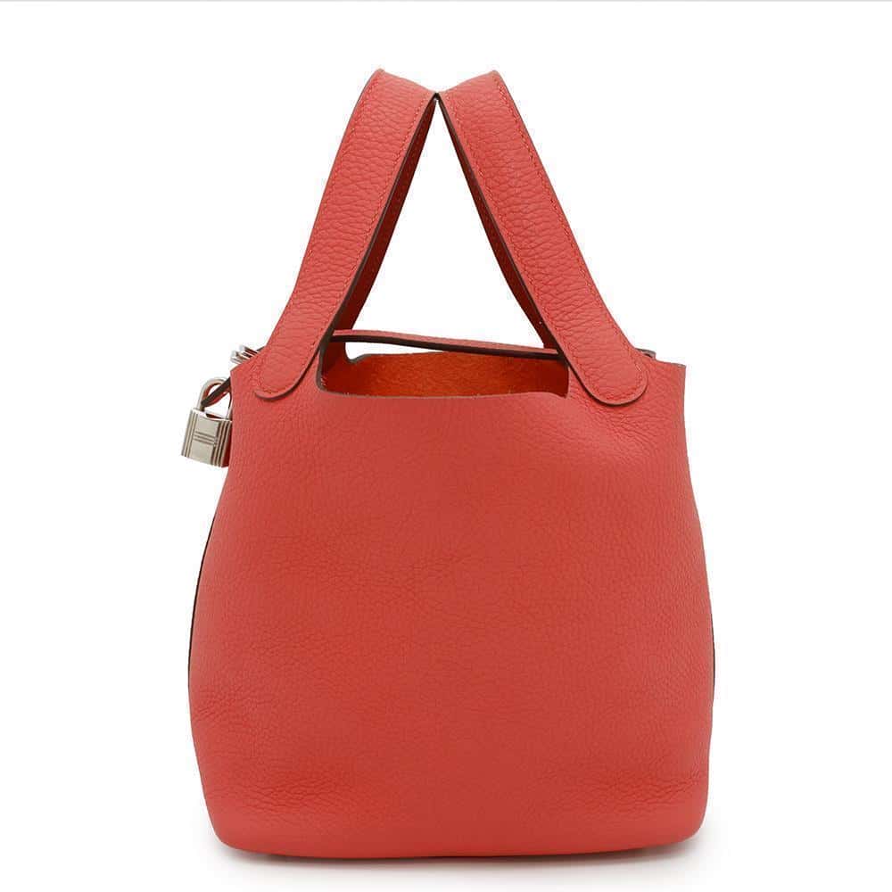HERMES Picotin Lock Eclat Rose Texas/Vermillon Taurillon Clemence Swift Leather Size PM
