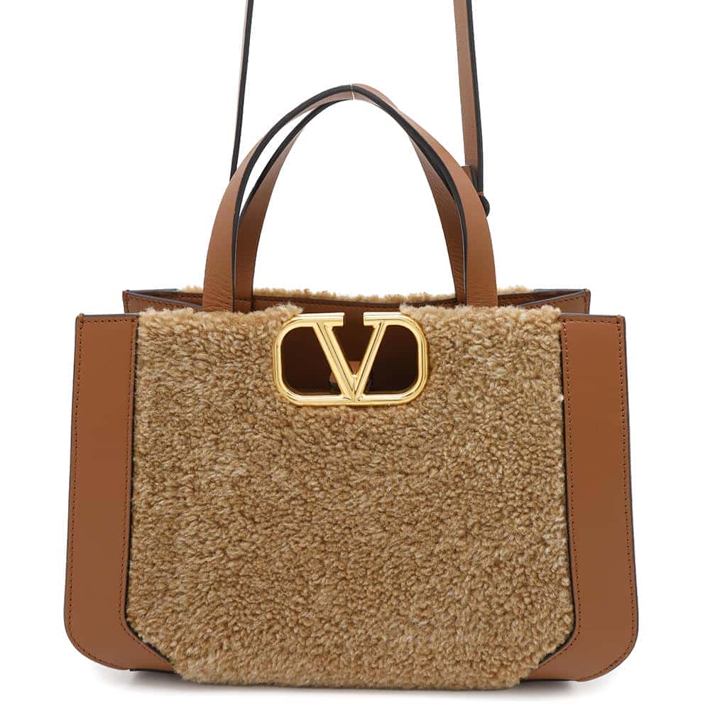 Valentino Garavani V-sling 2WAY Shoulder Brown Mouton Leather