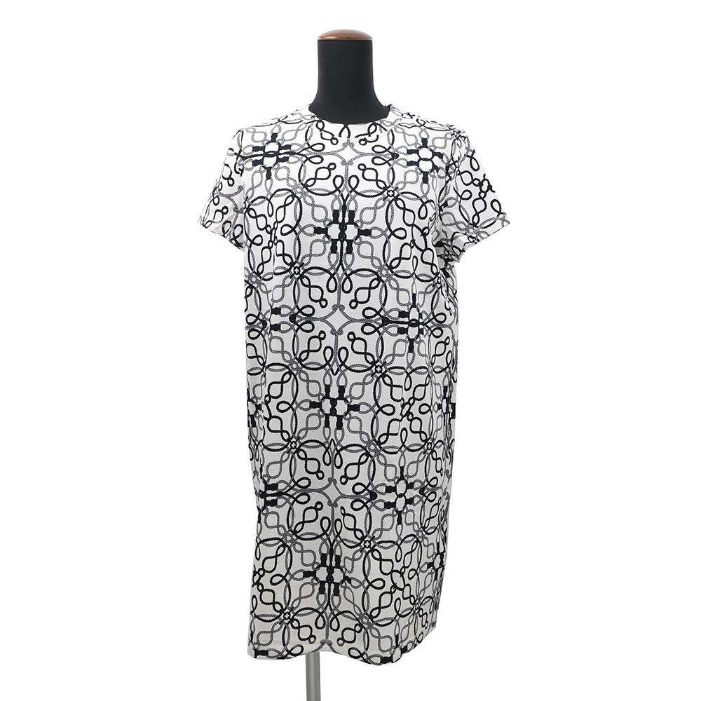 HERMES Cordriere short sleeve dress Size 40 White/Black/Gray Cotton100%