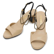 将图像加载到图库查看器中，CHANEL ★Double Chain EncreStrap Heel Sandals Beige/BlackG45094 Leather Size 35H
