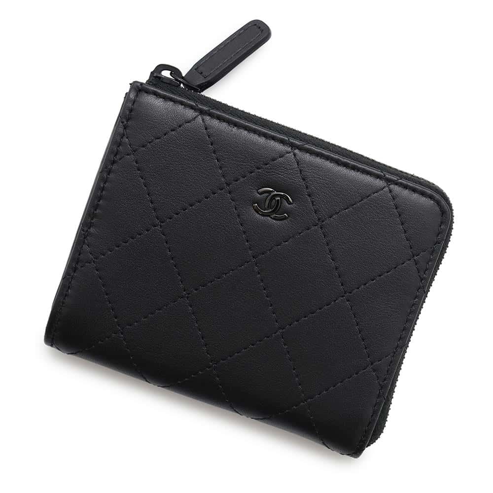 CHANEL Matelasse L-shaped zipper compact wallet BlackAP3997 Calf Leather