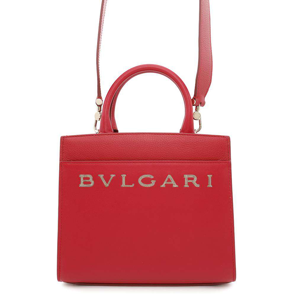 BVLGARI ★Logo Tote Bag Red291656 Leather Size Small