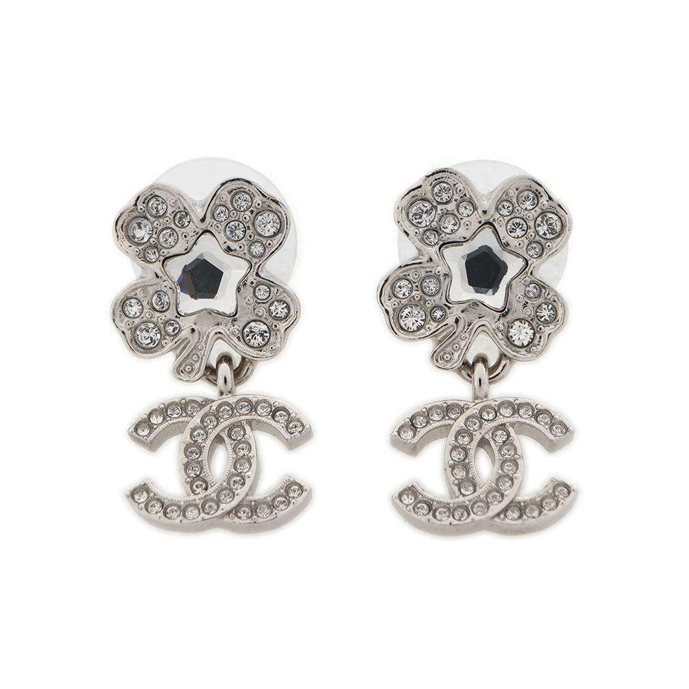 CHANEL CC Logo Clover Earrings SilverABF239 Metal Rhinestone