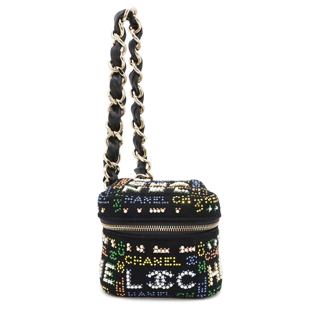 CHANEL CHANEL Logo Vanity Handbag Black/Multicolor Tweed Rhinestone Faux Pearl