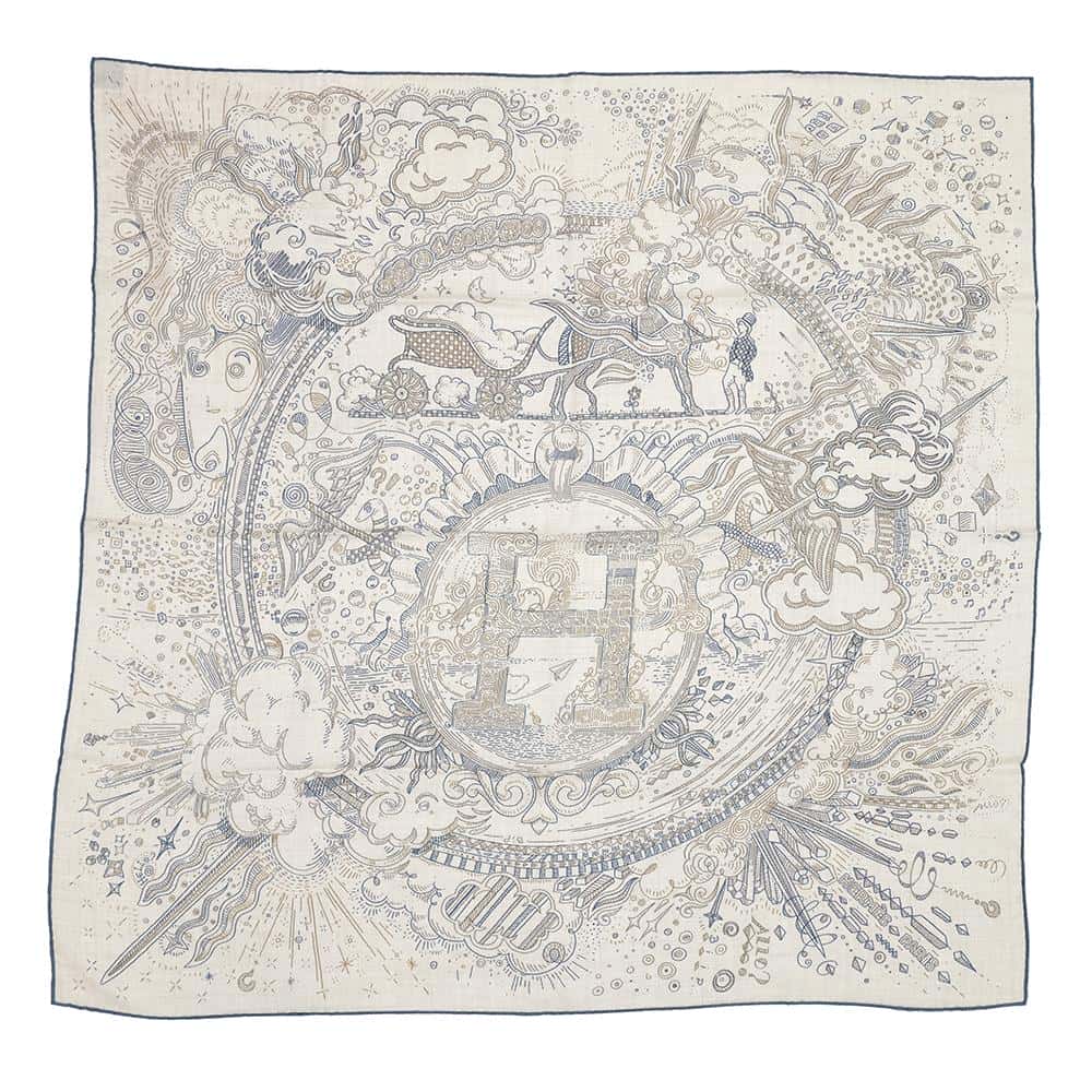 HERMES Kare H Please Hold the Line Size 100 Naturel/Grimoien/Blue Turkan Cashmere70% Silk30%