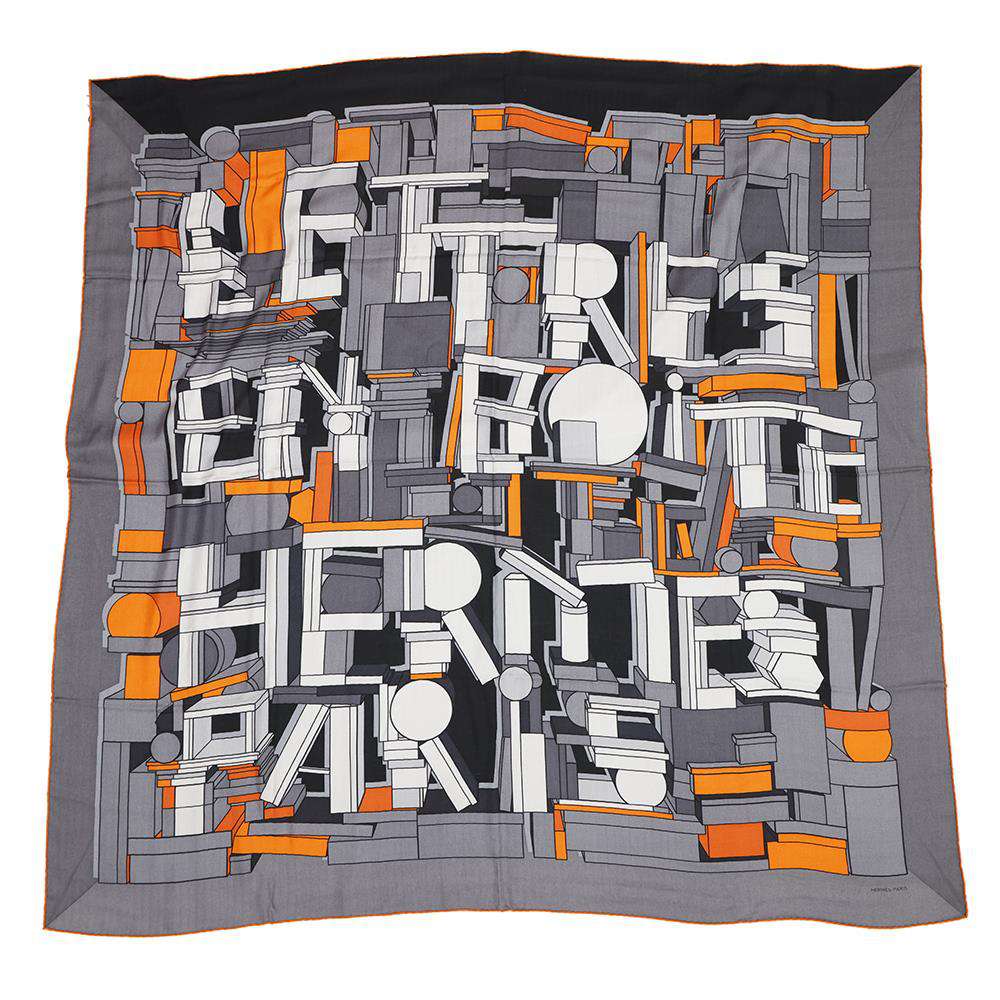HERMES Giant Square Lettre-en-Boite Size 140 Anthracite/OrangeH553769T Cashmere70% Silk30%