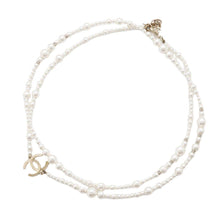 Load image into Gallery viewer, CHANEL CC Logo Pearl Long Necklace Metal Rhinestone Faux Pearl
