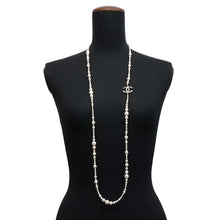Load image into Gallery viewer, CHANEL CC Logo Pearl Long Necklace Metal Rhinestone Faux Pearl
