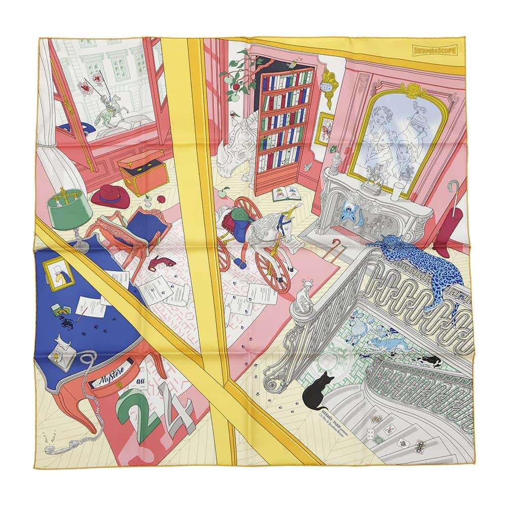 HERMES Mystery at 24 Size 90 Rose・Bonbon/Jaune/Multicolor Silk100%
