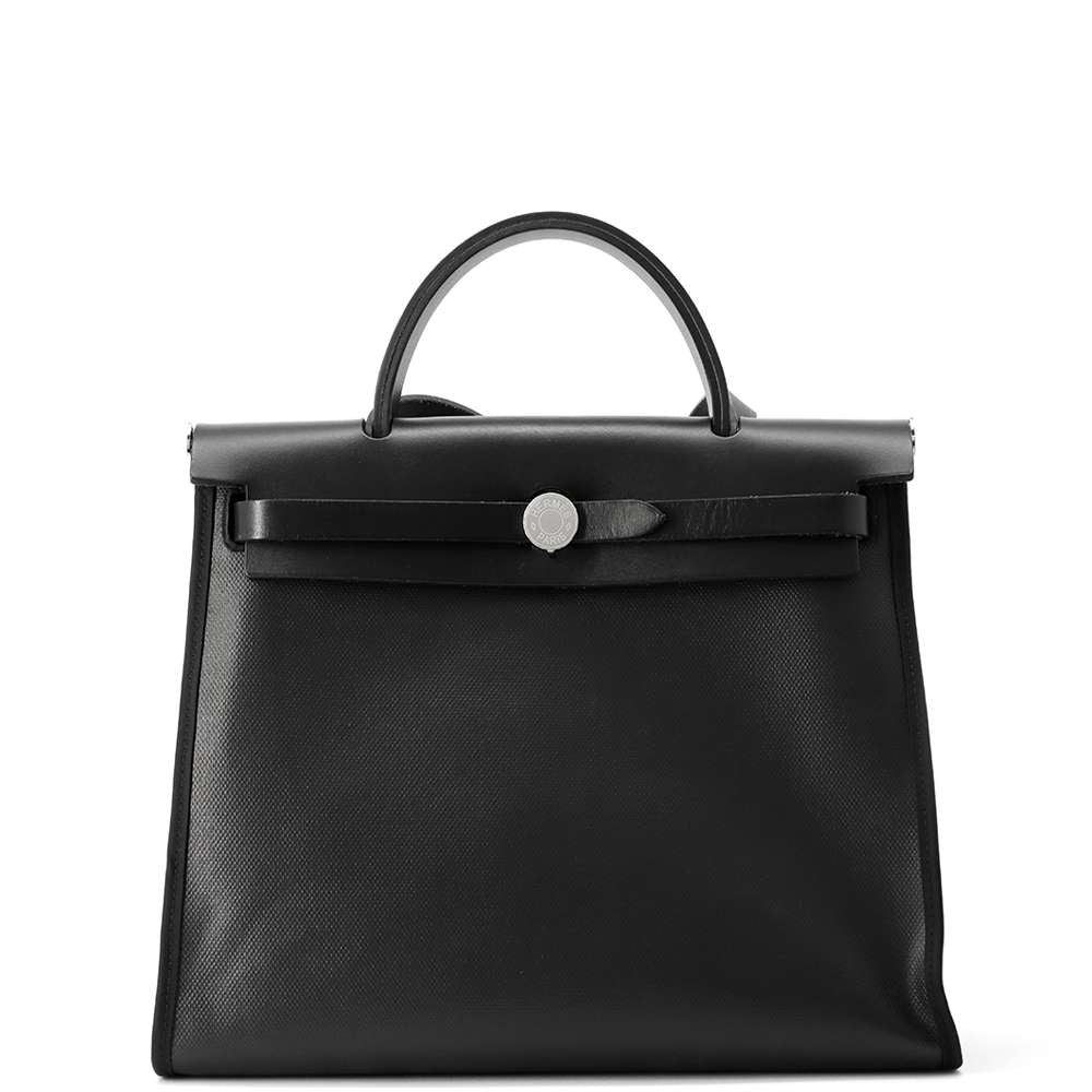 HERMES Herbag zip Black Toile HBerline Leather Size 31