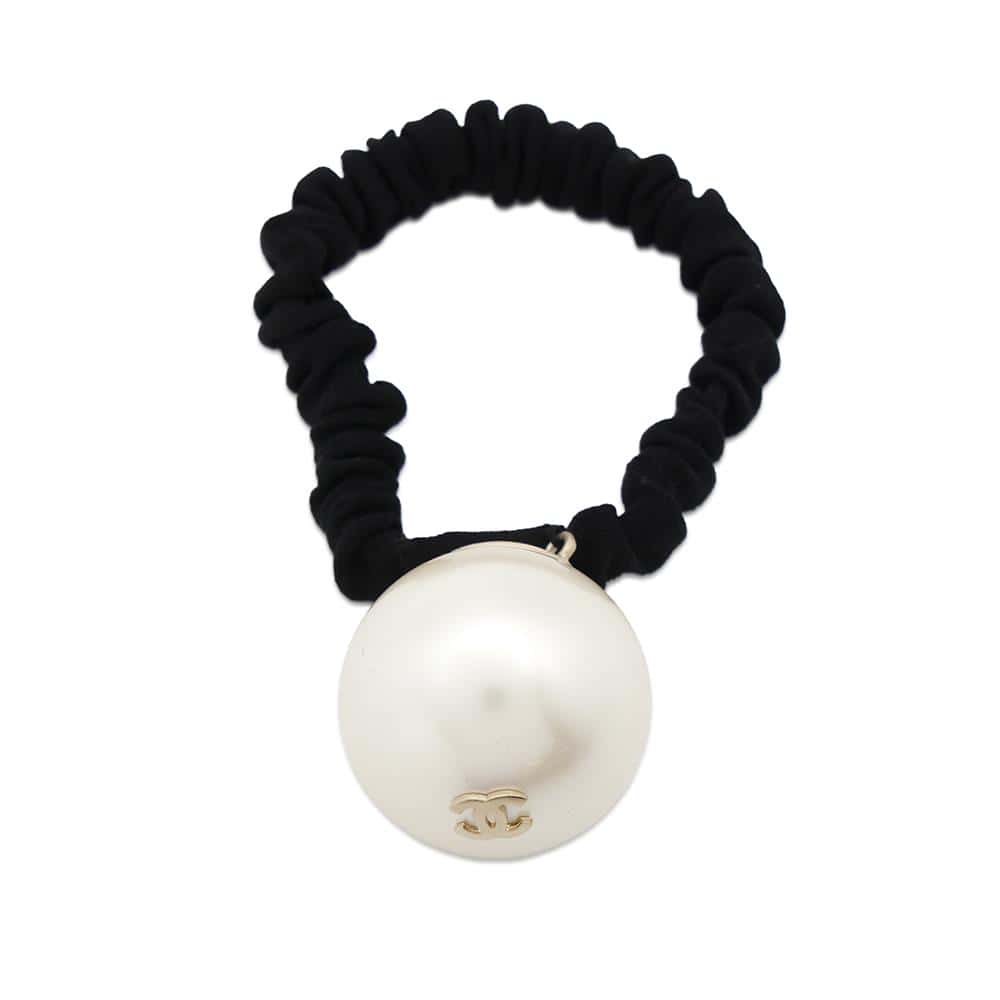 CHANEL Faux Pearl Hair Tie BlackA63896 Grosgrain   Resin