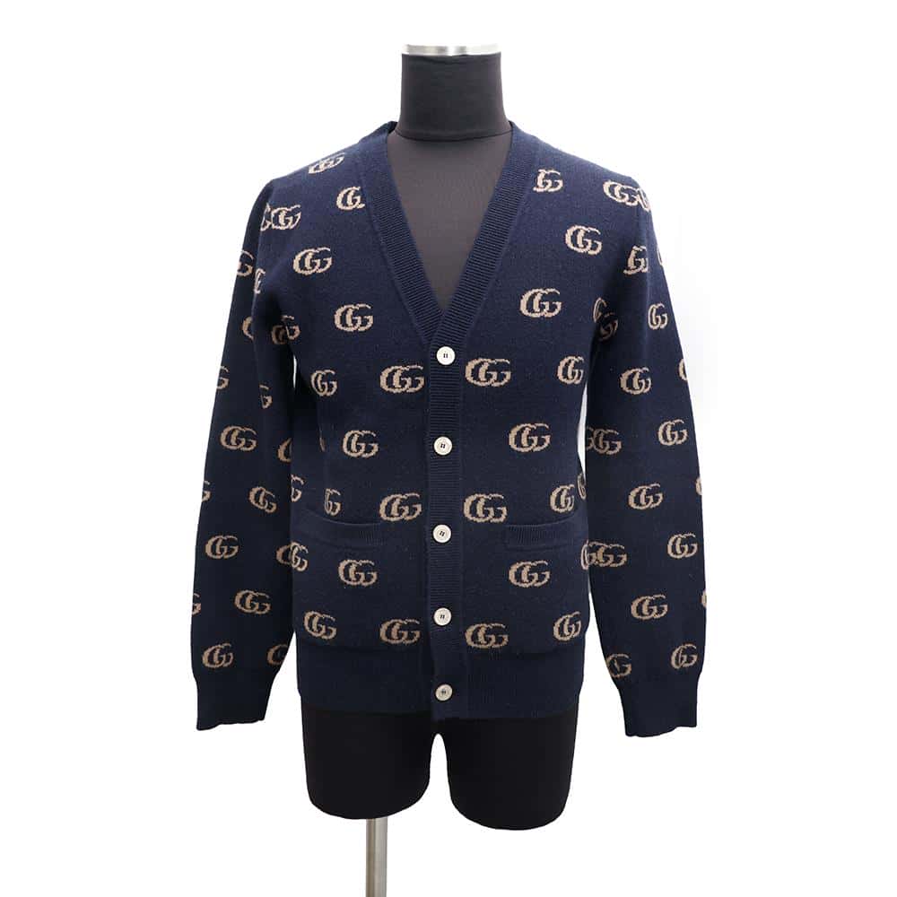 GUCCI GGJacquard knitted cardigan Size XS Navy/Brown660285 Cashmere93% Wool 7%