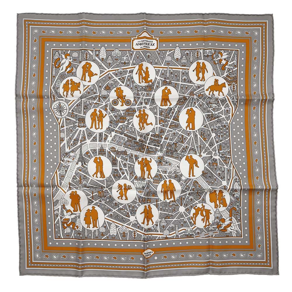 HERMES Carre: New Paris Lovers Size 55 White/Grease//Caramel Silk100%
