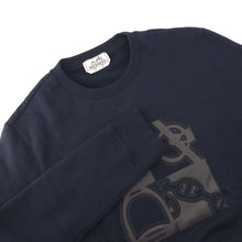 Load image into Gallery viewer, HERMES Round neck Knitted Fabric Leather patch &quot;Metalli au Carré&quot; Size XS Marine Cotton100%
