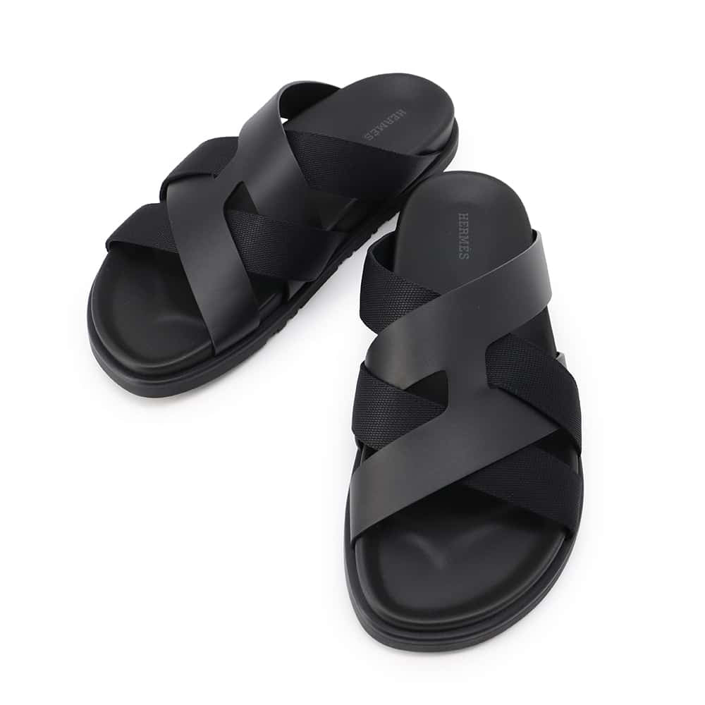 HERMES Kazimir Sandals Black Leather Nylon Size 42