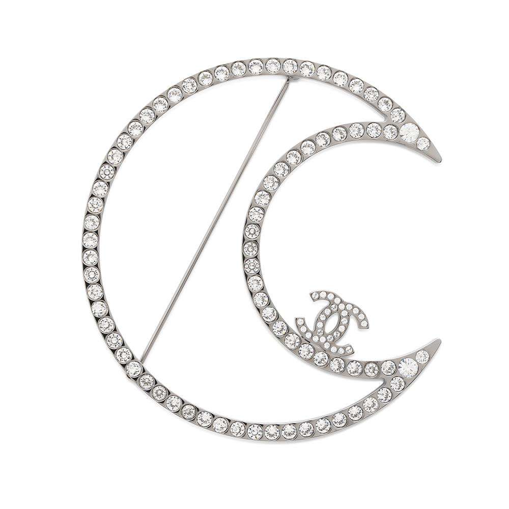 CHANEL Brooch Crescent Moon Silver Metal Rhinestone